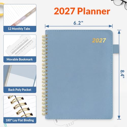 SUNEE 2027 Weekly & Monthly Planner 6.2"x8.5"- 12 Month (January 2027 - December 2027), Vegan Leather Cover, Pocket, Bookmark, Notes, Monthly Tab, Gray Blue