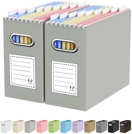 Oterri Portable Collapsible Cardboard File Box with Handle for Letter-Size | 2-Pack. Stainless Steel Handle. Label Stickers Included. Fits Letter Folders (Not Included). Home, Office, School, Dorm, Tax.