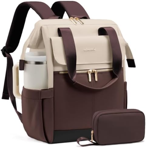 LOVEVOOK Laptop Backpack for Women with Giant Tumbler Holder, 15.6 Inch Work Laptop Bag with USB Port, Fashion Teacher Nurse Backpack Purse, Waterproof Travel Computer Backpack, 2PCS, Apricot-Coffee