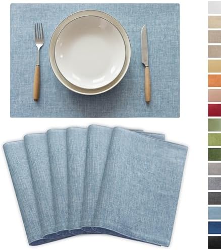 Demetex Blue Placemats Set of 6 Heat Resistant Farmhouse Burlap Placemats Washable Cloth Place Mat Dining Table Plate Mats for Kitchen Table Decor, Blue
