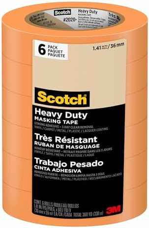 Scotch Heavy Duty Painter's Tape, 6 Rolls, 1.41 in x 60.1 yd, for Use On Vinyl, Carpet, Metal, & Plastic, Indoor & Outdoor Masking Tape, Bonds Aggressively, 3-Day Clean Removal (2020+-36AP6)