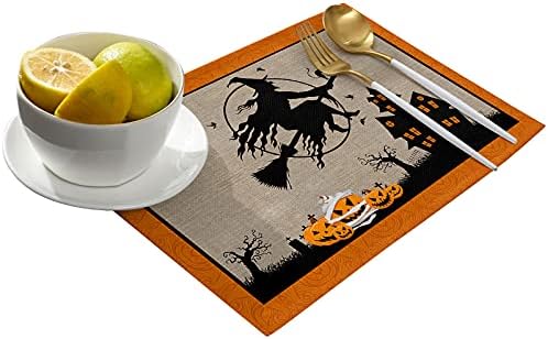Vandarllin Halloween Fun Placemats Set of 6, Haunted House Witches Cat Pumpkins Cotton Linen Stain Resistant Table Mats Washable Placemat Decoration for Kitchen Dining Table,Scary Movie Nights