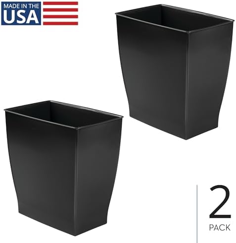 iDesign Small Plastic Bathroom Trash Can, Slim Rectangle, 2-Pack, Black