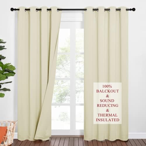 NICETOWN Sound Barrier 100% Blackout Divider Curtains 84", Noise, Heat and Cold Blocking Drapes with Felt Fabric Lining for Noise Reducing/Nursery/Daytime Sleep/Bedroom (Beige, 2 PCs, 52" Wide)