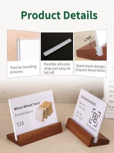 6 Pack Small Acrylic Sign Holder with Wood Base 3.94x2.76 Inch, L-Shape