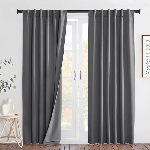 NICETOWN Noise Insulation Rod Pocket Curtains, Energy Smart & 100% Blackout Echo of Sounds Reducing Back Tab Drapes for Dining Room Window, Thermal Guest Room Lined Window Dressing(Gray, 52 x 84 inch)