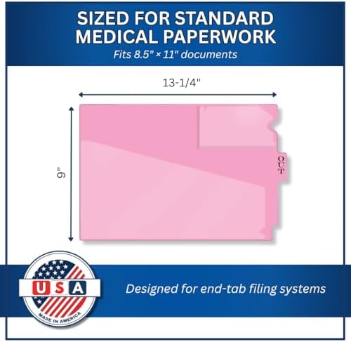 Doctor Stuff - Center Tab Vinyl Outguides, Diagonal Cut Front Pocket, Top Charge Out Slip Pocket, Plastic File Folder, Letter Size 9" x 13-1/4", Pink, 50/Box