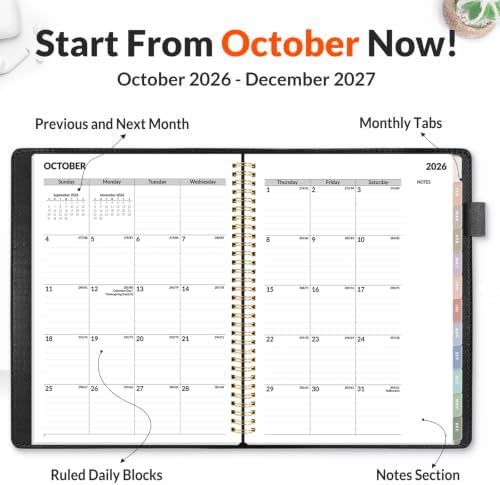 SUNEE 2027 Weekly & Monthly Planner 9"x11.2"- 12 Month (January 2027 - December 2027), Vegan Leather Cover, Pocket, Bookmark, Notes, Monthly Tab, Black