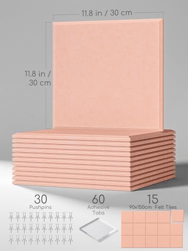 Thick Felt Pin Board Tiles 15 Pack, 11.8x11.8 Bulletin Board for Wall