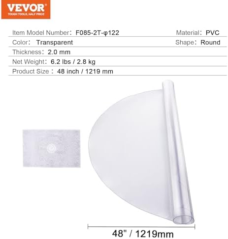 VEVOR Plastic Table Cover, 48 x 48 Inch 2.0 mm Thick Clear Round PVC Desk Mat Protector, Waterproof & Easy Cleaning Tablecloth for Office, Dresser, Dining Room, Night Stand