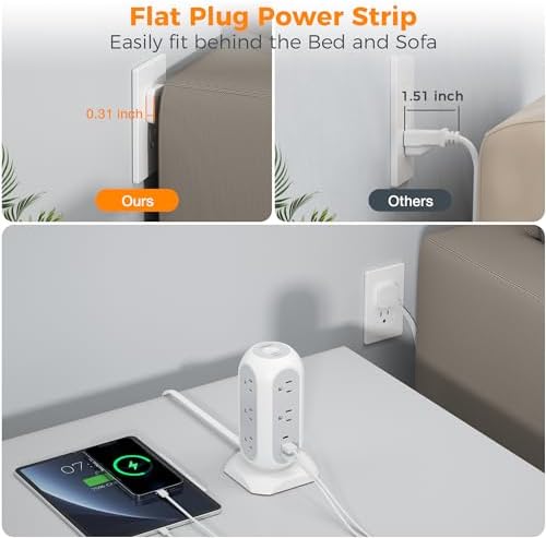 TESSAN Tower Power Strip Flat Plug with 1050J Surge Protection, 6 Ft, Grey