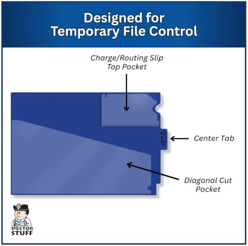 Doctor Stuff - Center Tab Vinyl Outguides, Diagonal Cut Front Pocket, Top Charge Out Slip Pocket, Plastic File Folder, Letter Size 9" x 13-1/4", Navy, 50/Box
