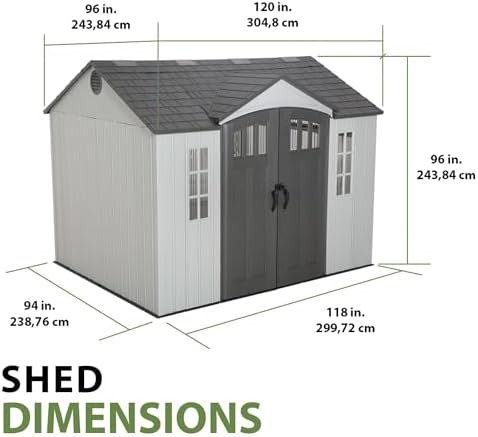 Lifetime 10×8 Ft. Outdoor Storage Shed, Dual‑Wall HDPE with Steel‑Reinforced Structure, Side‑Entry Doors with Windows, Skylight, Screened Vents, Adjustable Shelves, Slip‑Resistant Floor, UV‑Protected