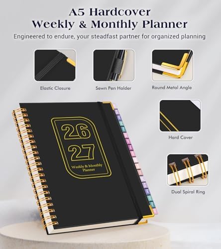 Academic Planner 2026-2027, 18 Months Weekly and Monthly Hardcover Planner, July 2026 - December 2027, 8.5" x 11" A4 Large Daily Calendar Planner Book with Tabs, Spiral College School Agenda Organizer for Student Teacher, Black