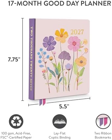Orange Circle Studio Vibrant Poppies 2027 Good Day Monthly Planner 17-Month Hardcover, 5.5" x 7.75", Lay-Flat Coptic Binding,100 GSM Acid-Free Paper, Monthly Calendar, Dot Grid Notes, Desk Planner Set