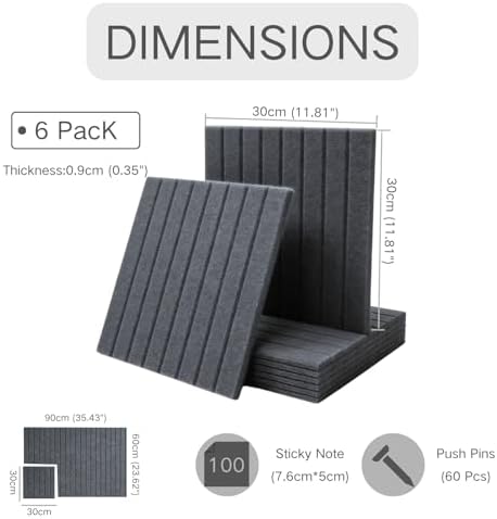 Felt Bulletin Board Tiles, 6 Pack Combination 60×90cm Felt Pin Board with 30 Colored Pushpins & 40 Traceless Adhesive Tabs for Home Office Classroom, Charcoal Gray