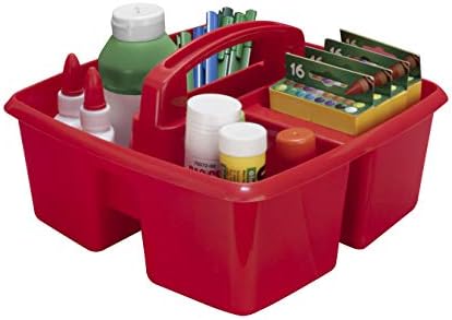 Storex 3-Compartment Small Caddy – Multipurpose Classroom Organizer with Handle, Red, 5-Pack (00949U06C)