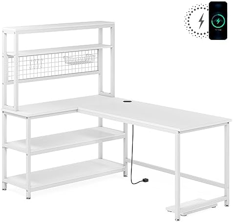 LITTLE TREE L-Shaped Computer Desk, 55 Inch Reversible Office Desk, Study Writing Table with Wireless Charging and Bookshelf for Home Office, White