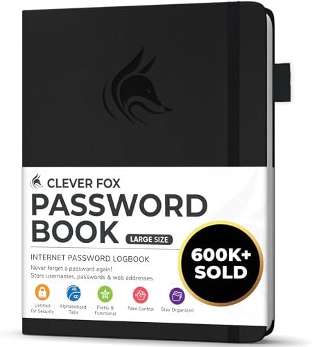 Clever Fox Password Book with Alphabetical Tabs, 7"x10" Keeper Black