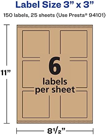 Avery® Kraft Brown Square Labels, Sure Feed® Technology, 3" x 3", 150 Kraft Brown Labels, Print-to-The-Edge, Laser/Inkjet Printable