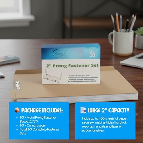 Prong Paper Fasteners 2 Inch Capacity, 50 Complete Sets, Holds 480 Sheets