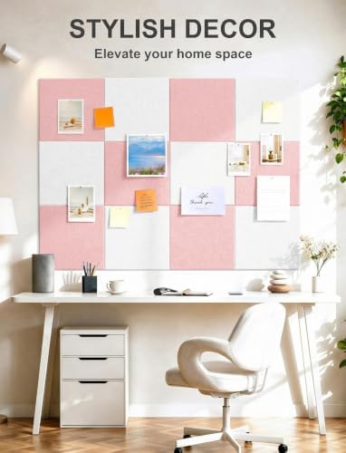 0.47" Thick Felt Pin Board 36"x24" Large Cork Board Alternative 6 Pack 11.81"x11.81"Felt Bulletin Board Wall Tiles Notice Board with 30 Pushpins for Home Office School(Coral Pink&White)