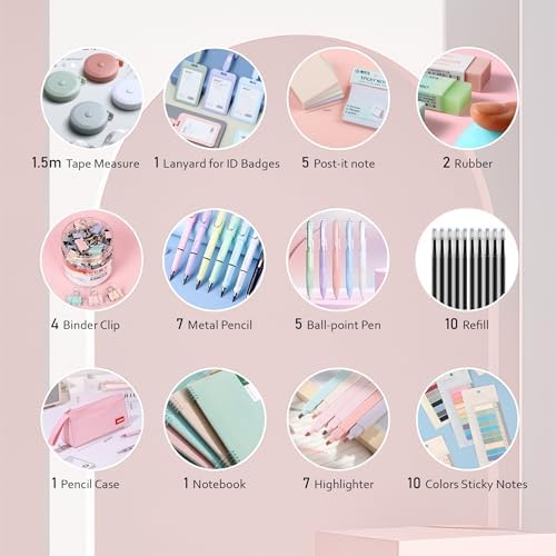 45PCS Morandi Color School Supplies Set with Notebook, Gel Ink Rollerball Pens, Pencil Cas, ID Badge Holder, fluorescent pens,Pencil, Erasers, Clip, tape measure, pen core