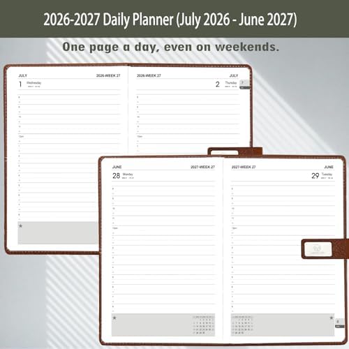 2026-2027 Daily Planner - One Page per Day, 2026-2027 Hourly Daily Calendar(July 2026 - June 2027), 5.7" x 8.26" Appointment Book, Leather Cover + Thick Paper (26-27 Grey)