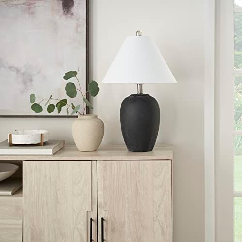 Nourison Home 23" Black Vintage Distressed Ceramic Pot Table Lamp for Bedroom, Living Room, End Table, with White Conical Empire Shade