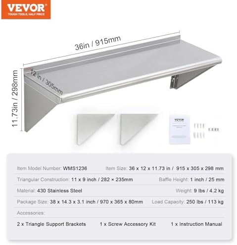 VEVOR 12" x 36" Stainless Steel Shelf, Wall Mounted Floating Shelving with Brackets, 250 lbs Load Capacity Commercial Shelves, Heavy Duty Storage Rack for Restaurant, Kitchen, Bar, Home, and Hotel