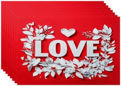 Batmerry Love Heart Linen Placemats Set of 8, Red Background with White Love Letters Washable Table Mats for Kitchen Table Thickened Heat Insulation Dining Set Indoor Outdoor 12X18 in