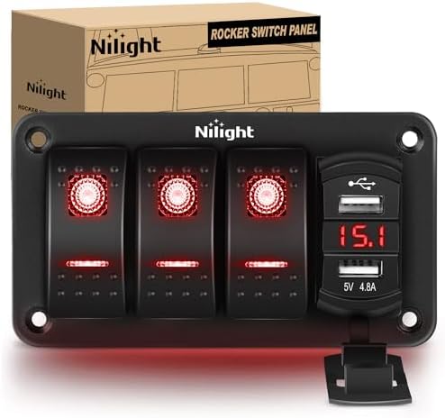 Nilight 3 Gang Rocker Switch Panel Green Backlit with 4.8 Amp Dual USB Charger Voltmeter Waterproof 12V 24V DC Night Glow Stickers for Cars Trucks Boats RVs