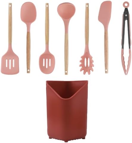 Glad Silicone Kitchen Utensils Set, 8pcs - Nonstick Cooking Tools with Wooden Handles and Utensil Holder - Spatula Set with Turner, Ladle, Spoons, Tongs, and Spaghetti Server - Rust