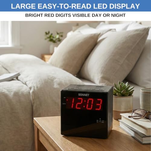 Digital Alarm Clock Radio with Charging Station, AM/FM Radio for Bedroom, 2 AC Outlets & USB-C + USB-A Charging Ports, LED Display, Snooze, AUX Input, Battery Backup – by Ken-Tech