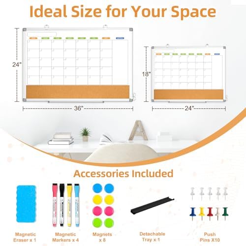 Calendar Whiteboard for Wall, 24" x 18" Dry Erase Monthly White Board