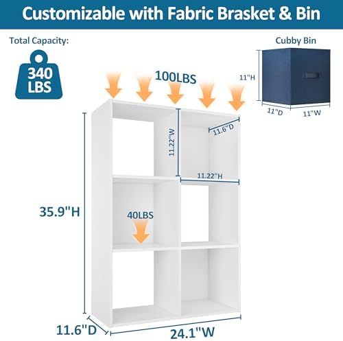 PrimeZone 6 Cube Storage Organizer, Stackable Wood Cubby Bookshelf, White