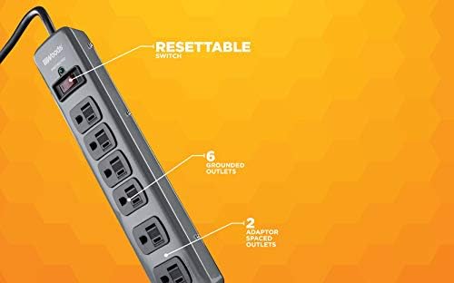 Southwire Woods Metal Surge Protector - 6 Outlets - Lighted Circuit Breaker Switch - 900J Electrical Overload Protection - 3 Foot Cord - Dark Gray