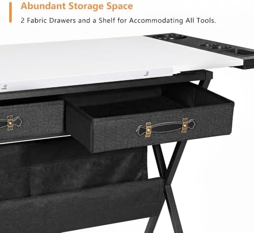 VECELO Drafting Table Art Desk Art Table Adjustable Drawing Table Tilted Tabletop with 2 Storage Drawers and Stool, Drawing Desk for Artist Painters Drawing, Crafting, Reading, Writing, White