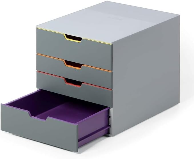 Durable Varicolor 4 Drawer Unit - Gray Desktop Drawer Set with 4 Color Coded Draws - Letter to Folio Size Files - Perfect for Storing Documents and Paper Work