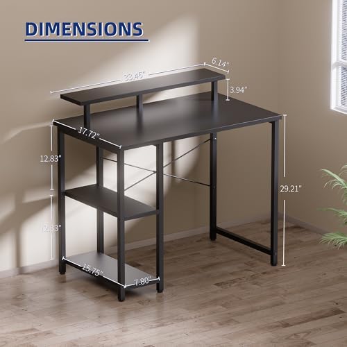 Pamray 33.5 Inch Small Computer Desk with Monitor Stand and Shelves