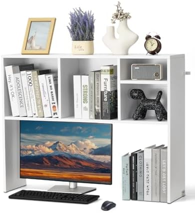 VEVOR Desktop Bookshelf, Storage Organizer with 5 Shelves for Computer Desk, Wooden Shelf Desk Hutch with Anti-Slip Feet Pads, Desk Top Display Rack for Office, Home & Dorm, White