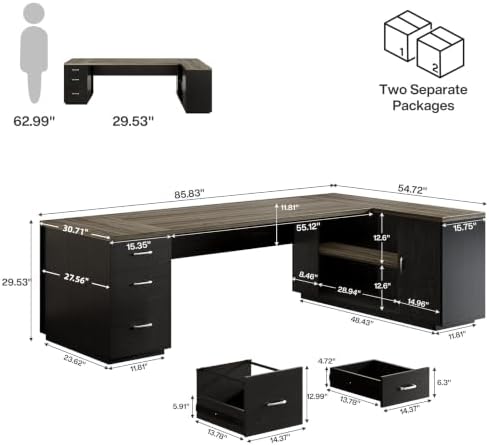 Tribesigns 85.8-Inch L-Shaped Executive Office Desk with File Drawers & Storage Cabinet, Professional Corner Computer Desk Extra Large Business Workstation with Adjustable Shelves (Gray&Black)