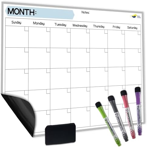 Large Magnetic Calendar for Refrigerator, Dry Erase Whiteboard Magnet | 17x12" Stain-Resistant Surface, Strong Full-Back Magnet, Sunday-Start Monthly Planner for Meals & Chores, 4 Markers & Eraser