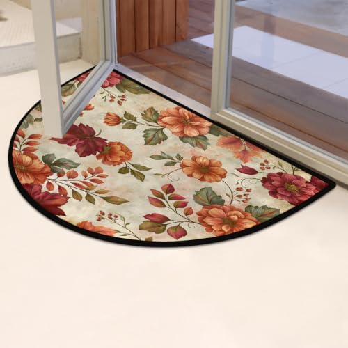 Autumn Flowers Half Round Door Mat Non Slip Washable Semi Circle Area Rug Absorbent Soft Half Moon Rug Floor Mat for Indoor Outdoor Kitchen Bathroom Patio Front Door Mat Decor