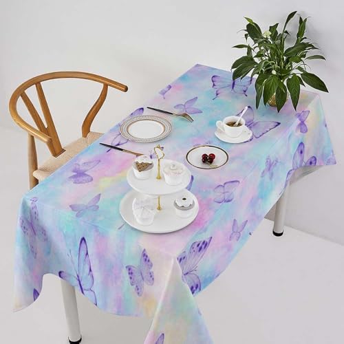 Dreamy Butterfly Tablecloth, Colorful Butterflies Watercolor Blue Purple Print Table Cover for Outdoor Party Picnic Kitchen Dinning Table Decor 55x55in