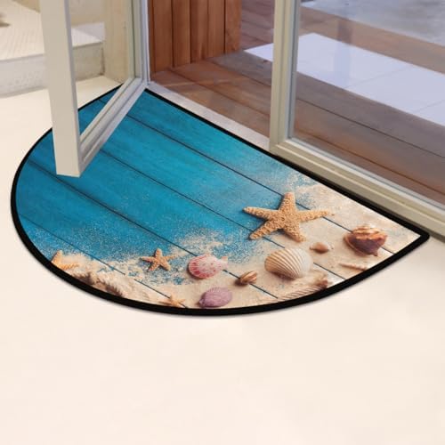 Blue Wood Beach Starfish Half Round Door Mat Non Slip Washable Semi Circle Area Rug Absorbent Soft Half Moon Rug Floor Mat for Indoor Outdoor Kitchen Bathroom Patio Front Door Mat Decor