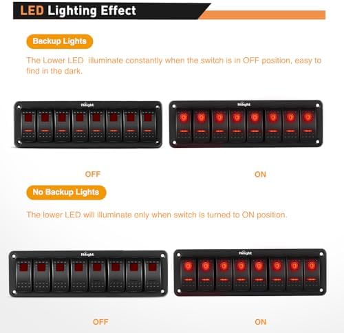 Nilight 8 Gang Rocker Switch Panel SPST On Off 5PIN Electrical Toggle Red