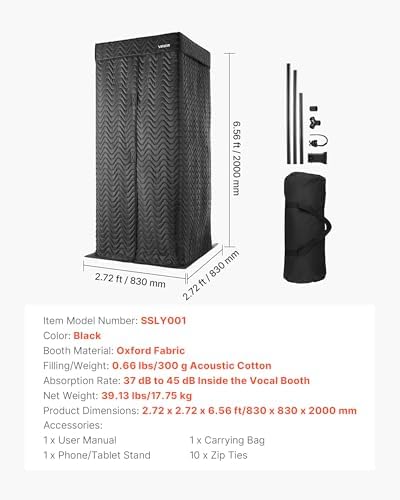 VEVOR Portable Vocal Booth 6.56 ft Height Echo-Free Recording Studio Booth