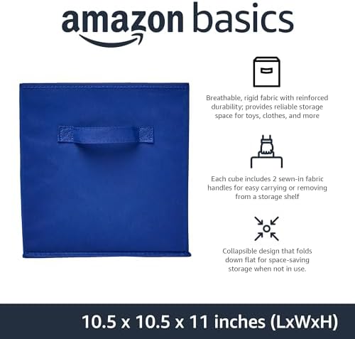 Amazon Basics Collapsible Fabric Storage Bins with Handles, Cube Organizer for Home Organization, 10.5"x10.5"x11", Navy, 6-Pack