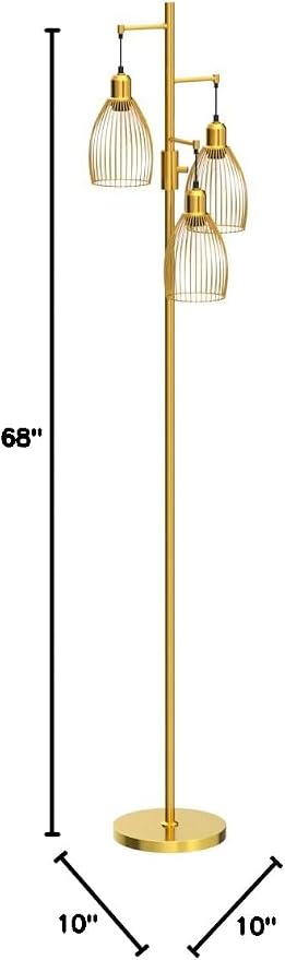 Dimmable Floor Lamp, Industrial Floor Lamps for Living Room, Gold Tree Lamp Standing Lamp Tall Lamps with 3 Elegant Teardrop Cage Head & 800 Lumens LED Bulbs for Living room Bedroom Office Dining Room